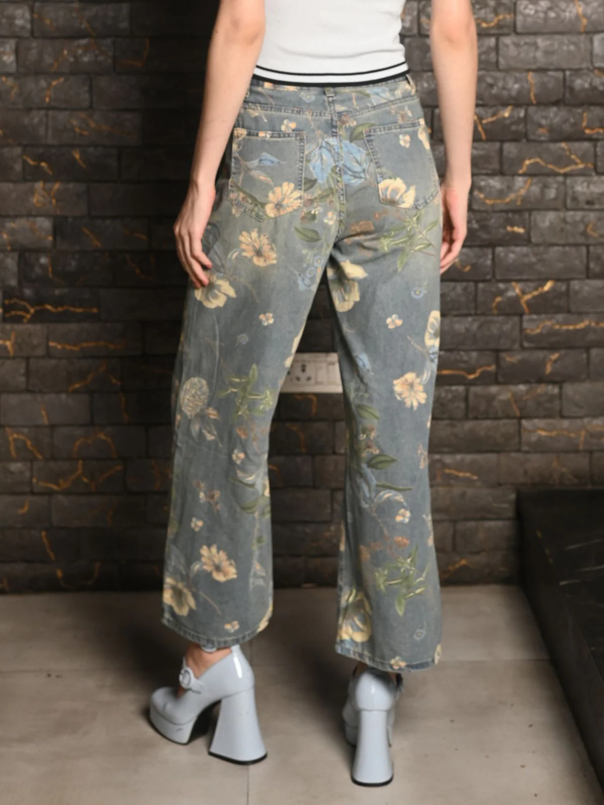 Odette Blue Washed Denim Printed Pant for Women - Image 4