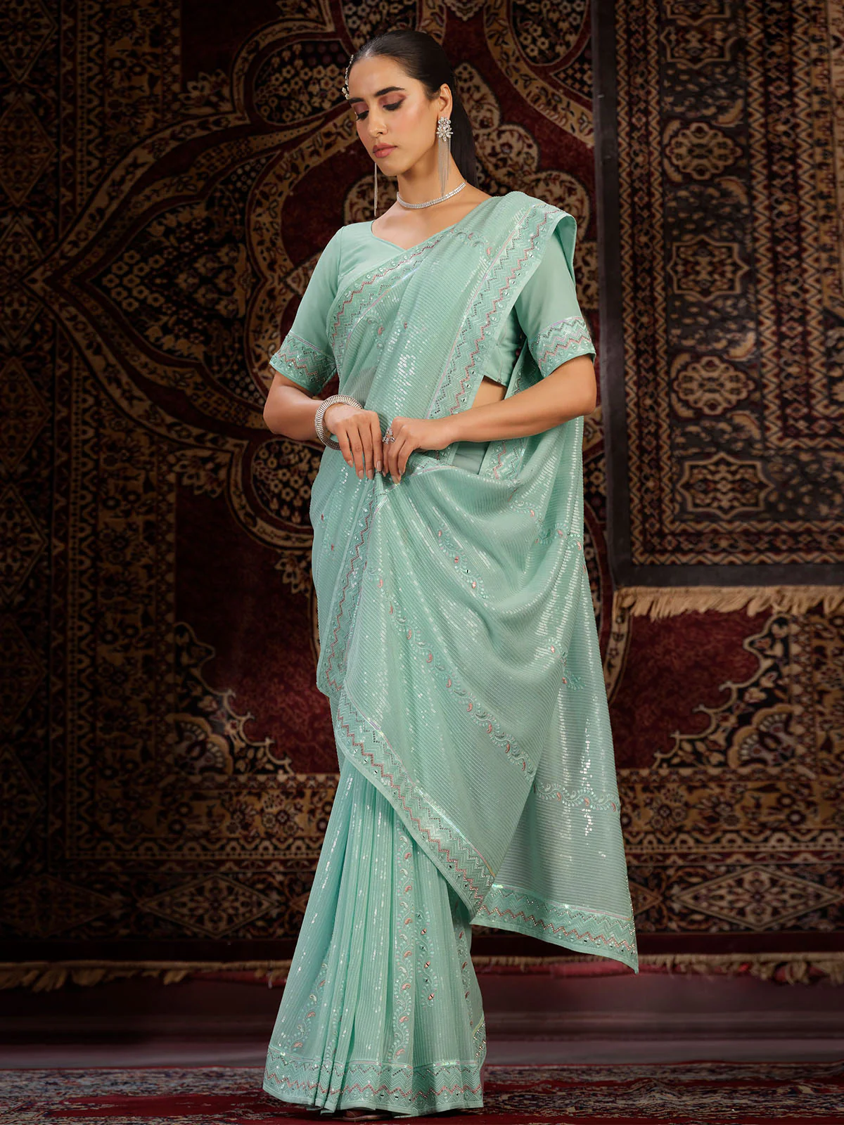 Odette Blue Embellished Georgette Saree With unstitched Blouse For Women - Image 2
