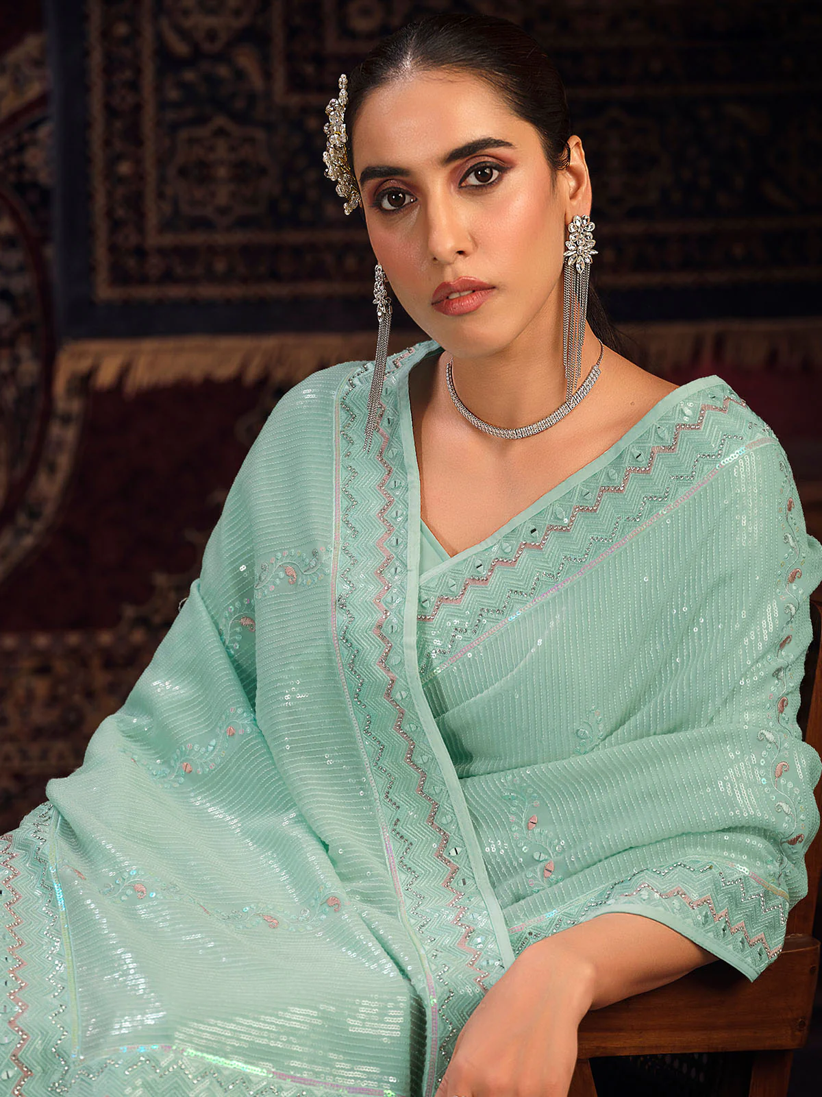 Odette Blue Embellished Georgette Saree With unstitched Blouse For Women - Image 4