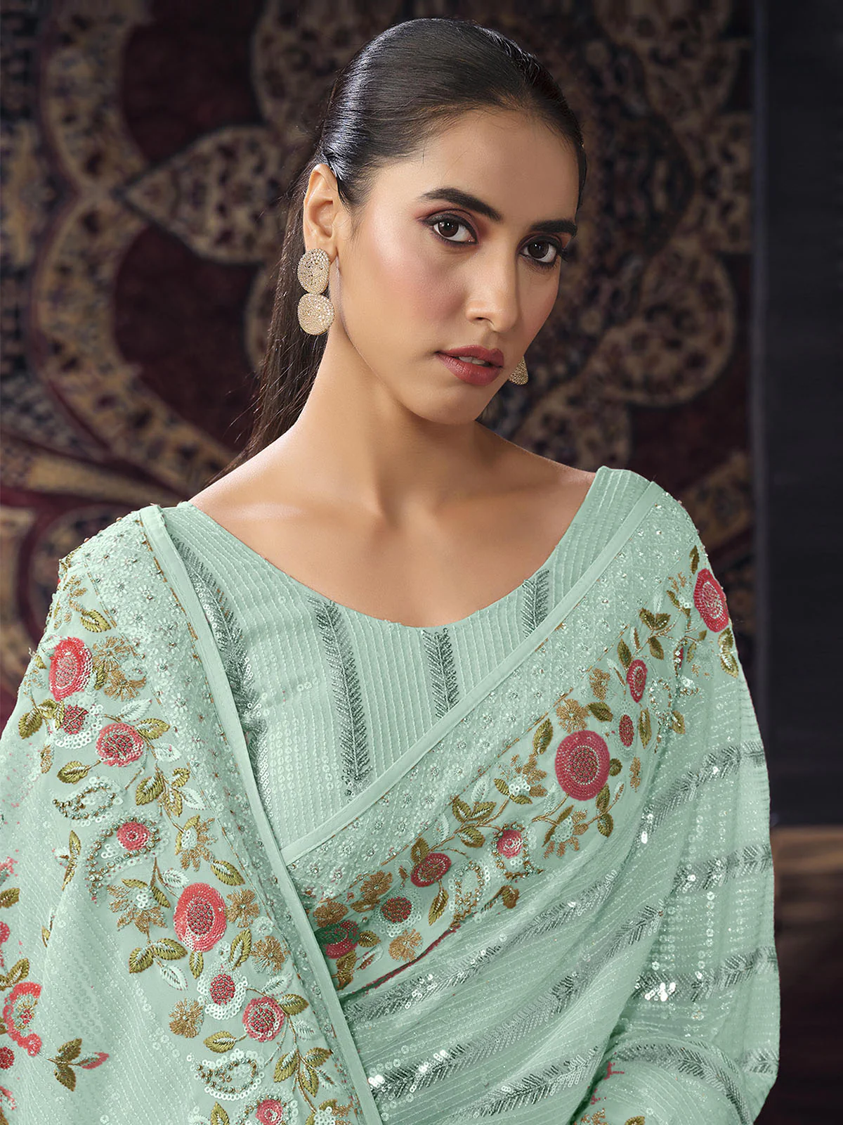 Odette Blue Embellished Georgette Saree With unstitched Blouse For Women - Image 4