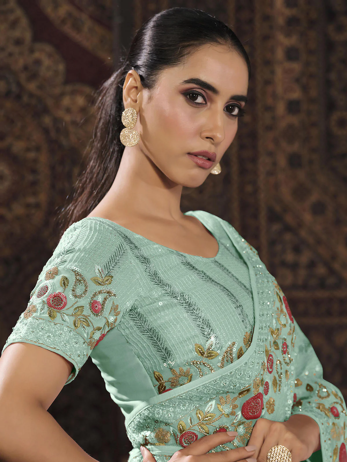 Odette Blue Embellished Georgette Saree With unstitched Blouse For Women - Image 5