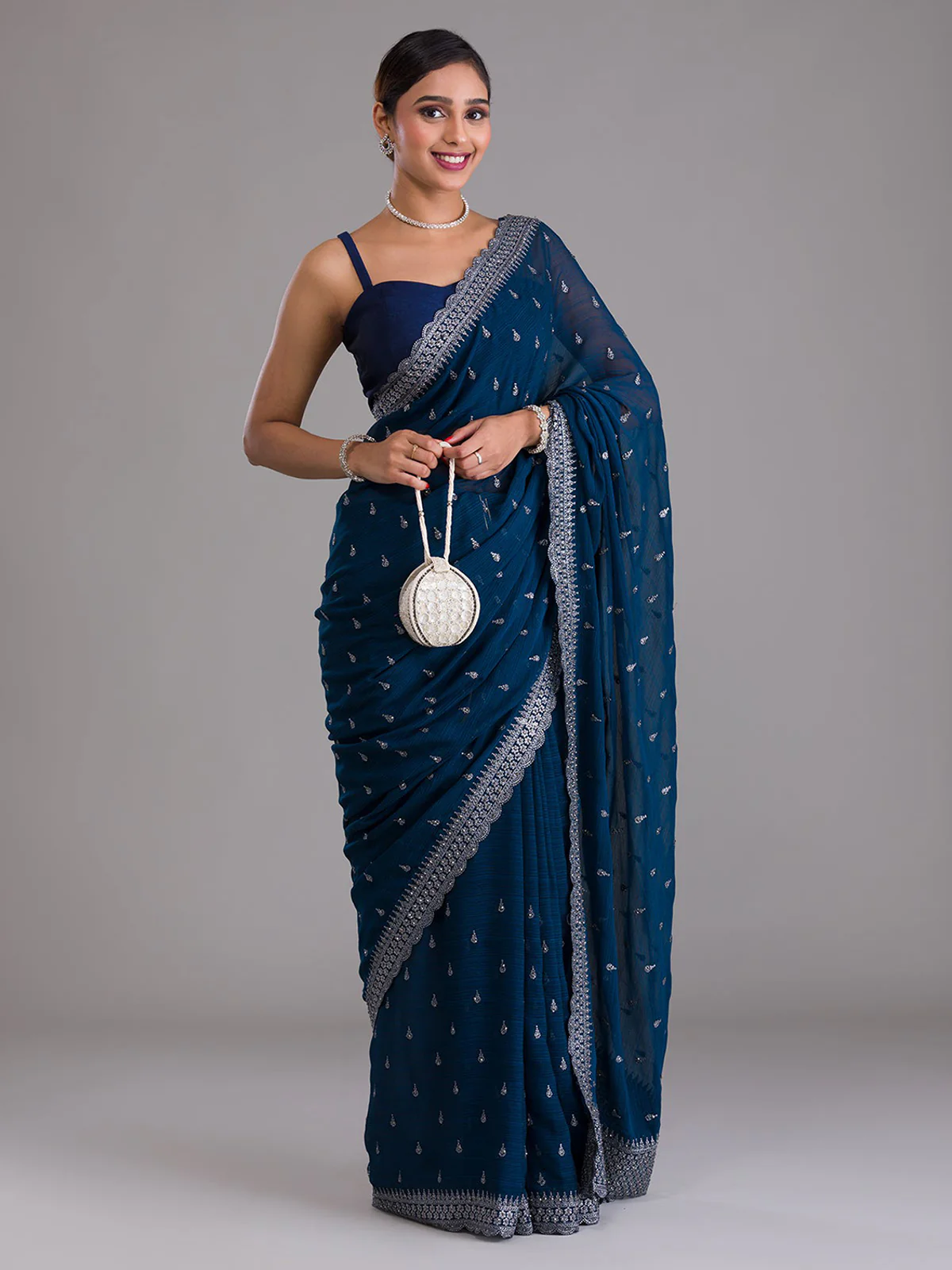 Odette Blue Embroidered Chiffon Saree With Unstitched Blouse For Women - Image 2