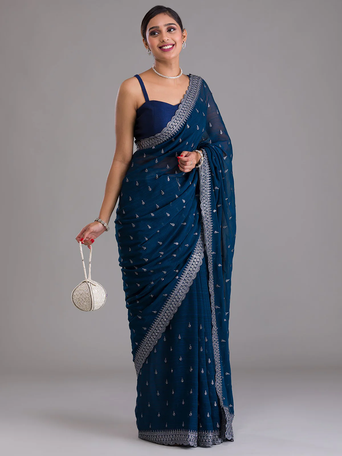 Odette Blue Embroidered Chiffon Saree With Unstitched Blouse For Women - Image 3