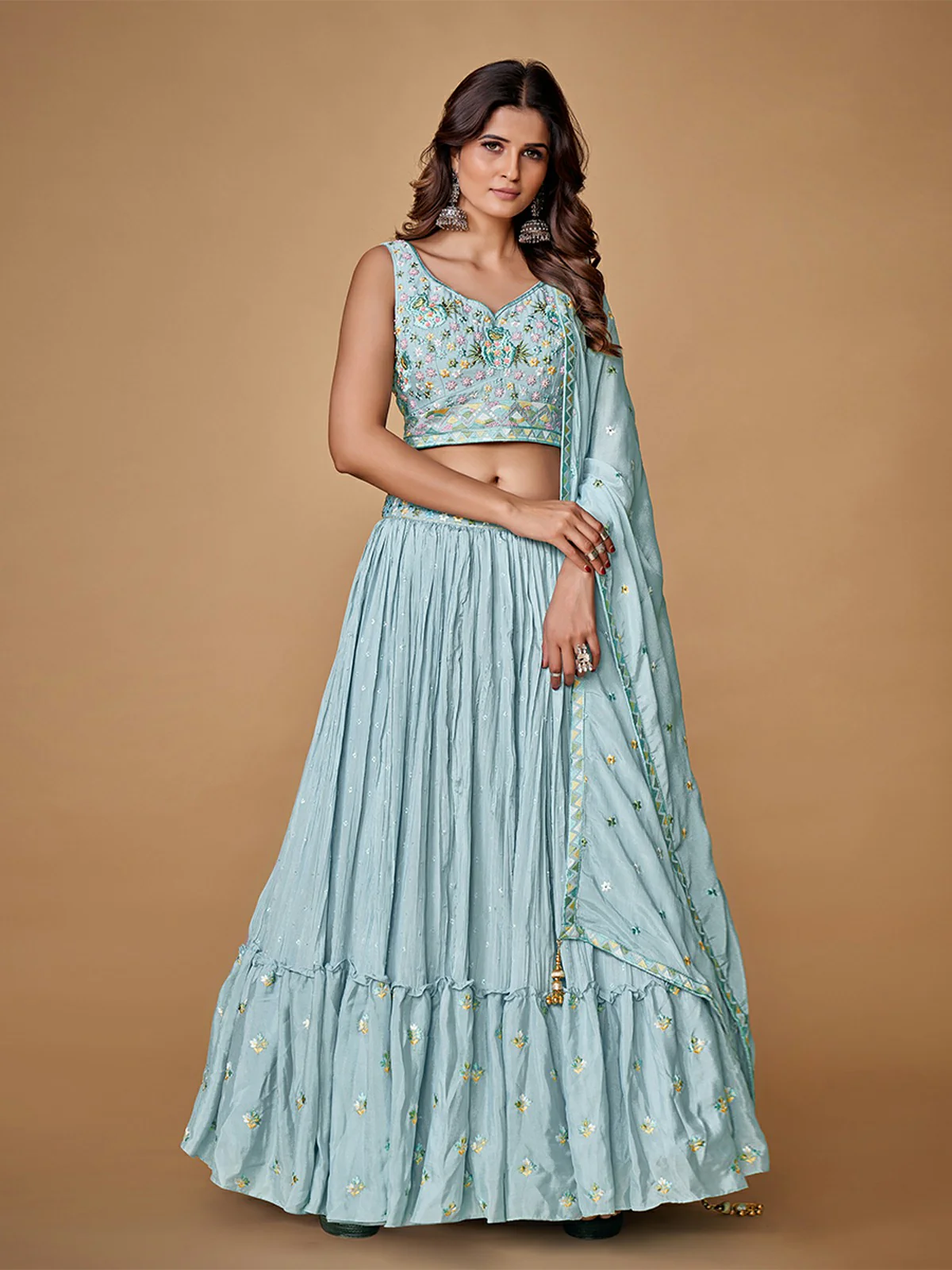 Odette Blue Embroidered Chiffon Stitched Lehenga With Blouse For Women - Image 2