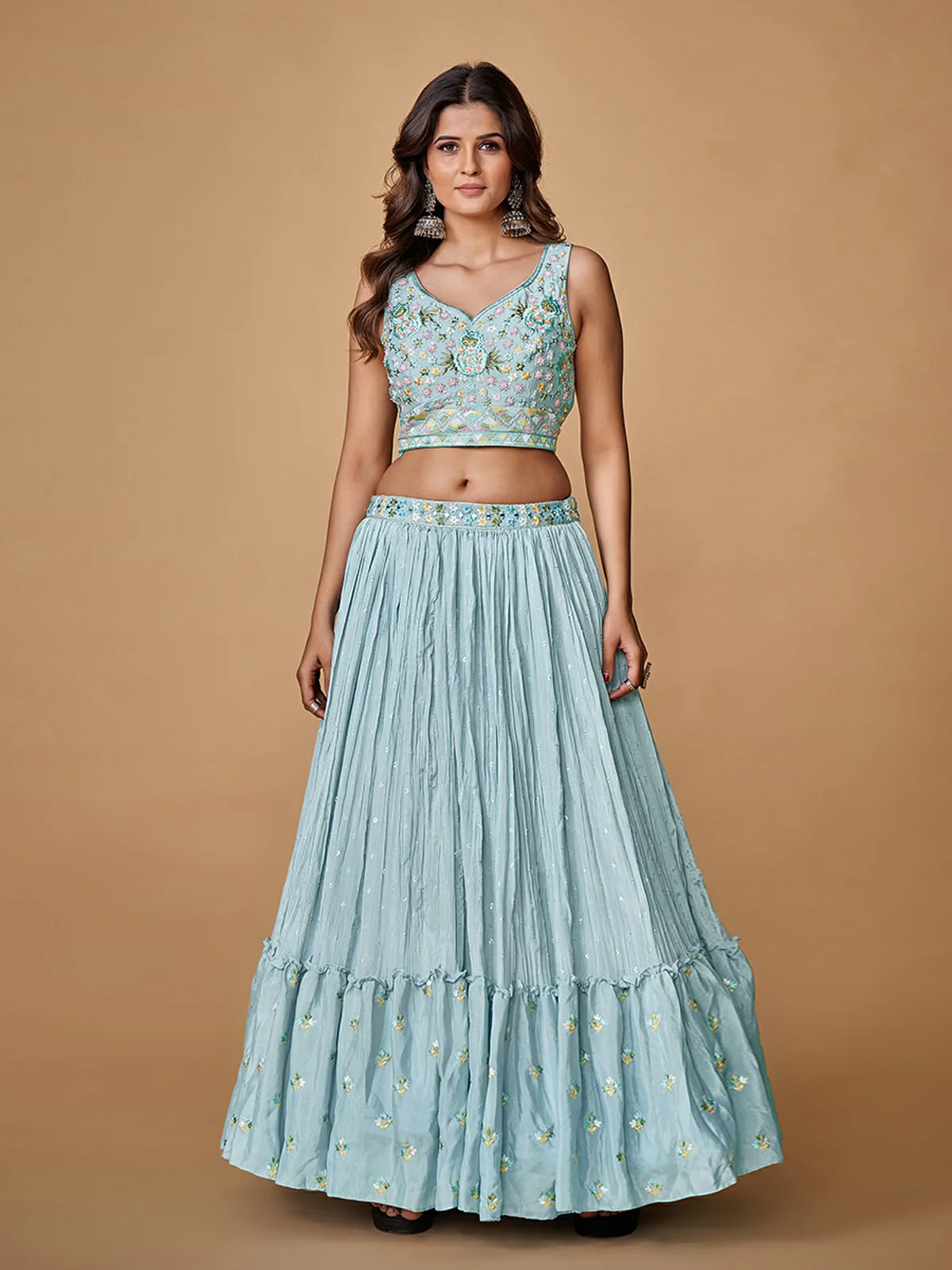 Odette Blue Embroidered Chiffon Stitched Lehenga With Blouse For Women - Image 4