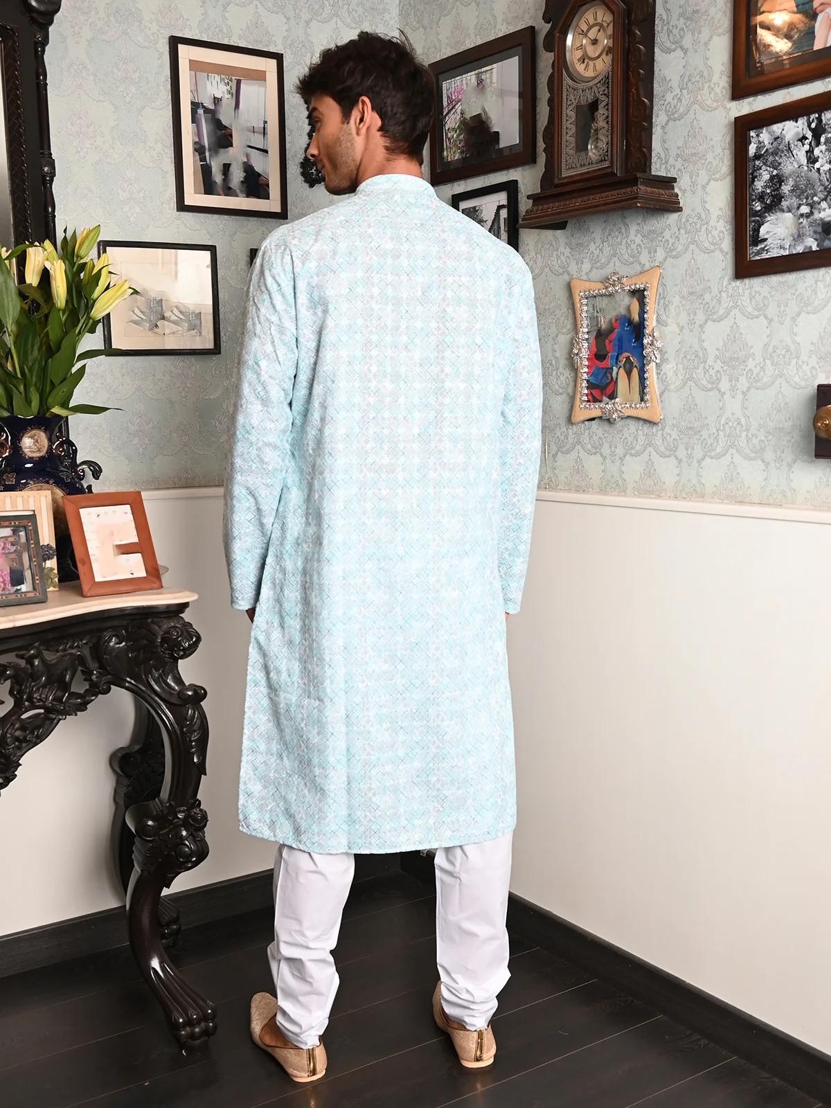 Odette Blue Embroidered Cotton Traditional Kurta Set For Men - Image 4
