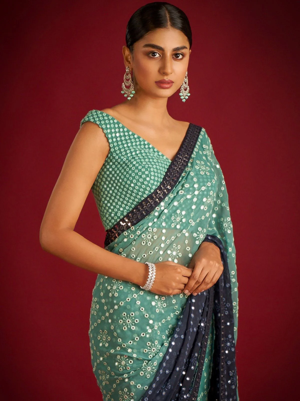 Odette Blue Embroidered Georgette Saree With unstitched Blouse For Women - Image 2