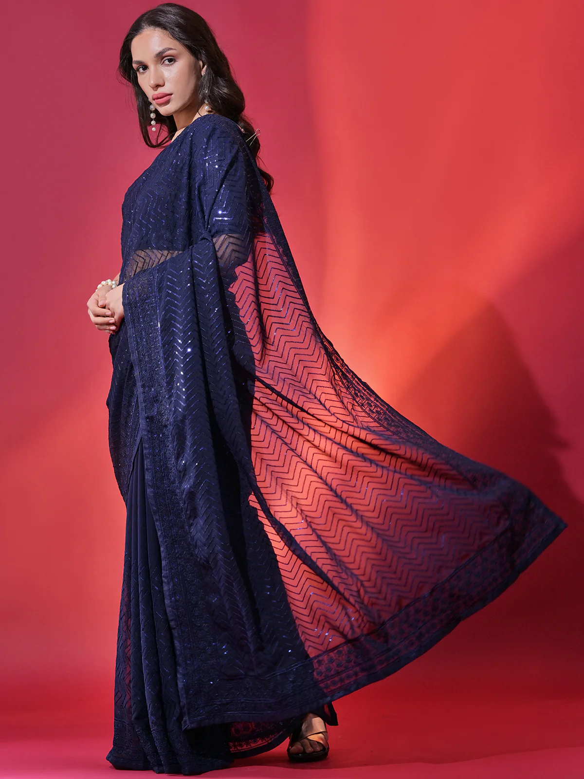 Odette Blue Embellished Georgette Saree With Unstitched Blouse For Women - Image 3