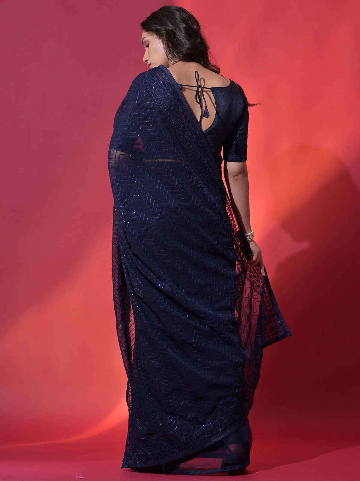 Odette Blue Embellished Georgette Saree With Unstitched Blouse For Women - Image 4