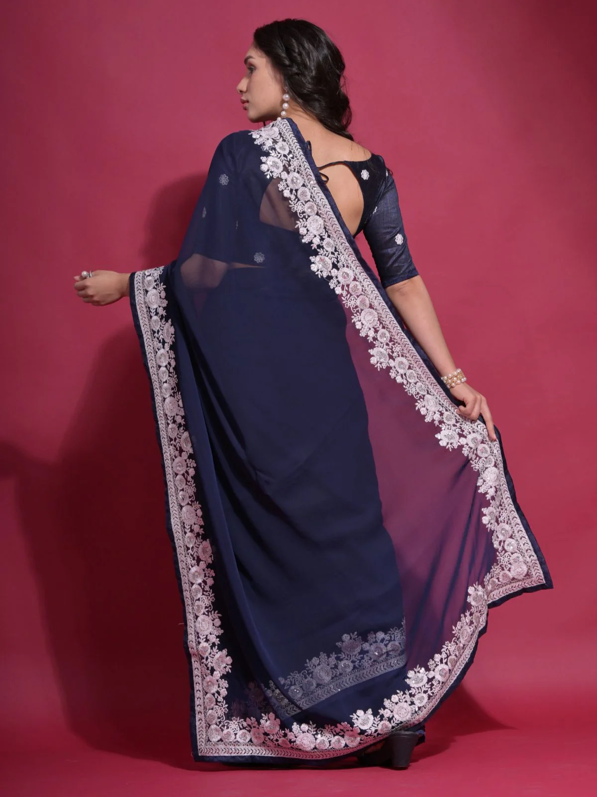 Odette Blue Embroidered Georgette Saree With Unstitched Blouse For Women - Image 5