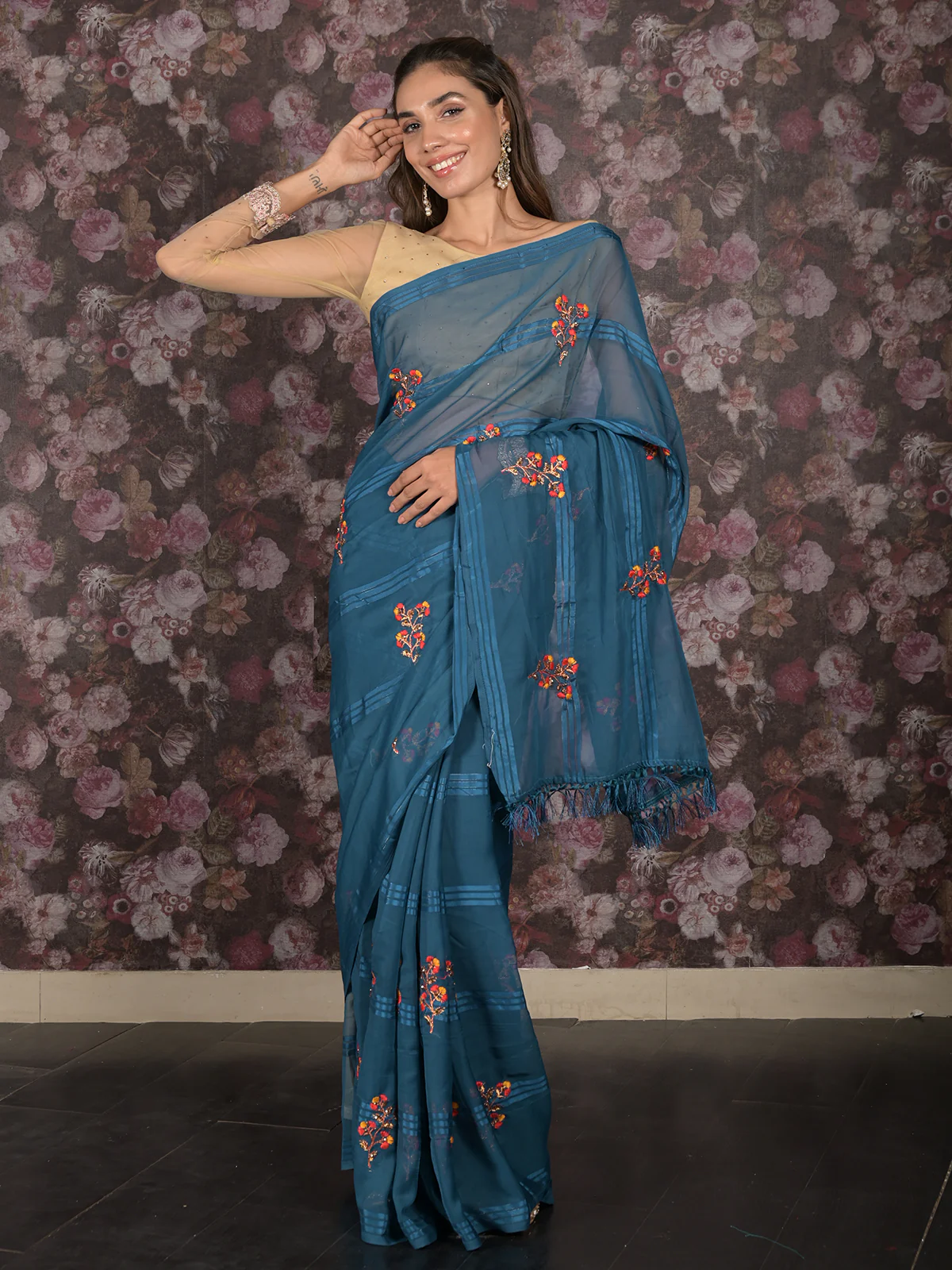 Odette Blue Embroidered Poly Georgette Saree Without Blouse for Women - Image 3