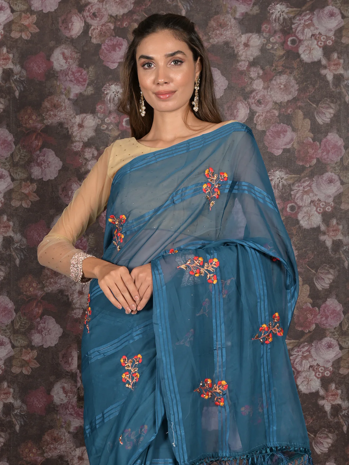 Odette Blue Embroidered Poly Georgette Saree Without Blouse for Women - Image 5