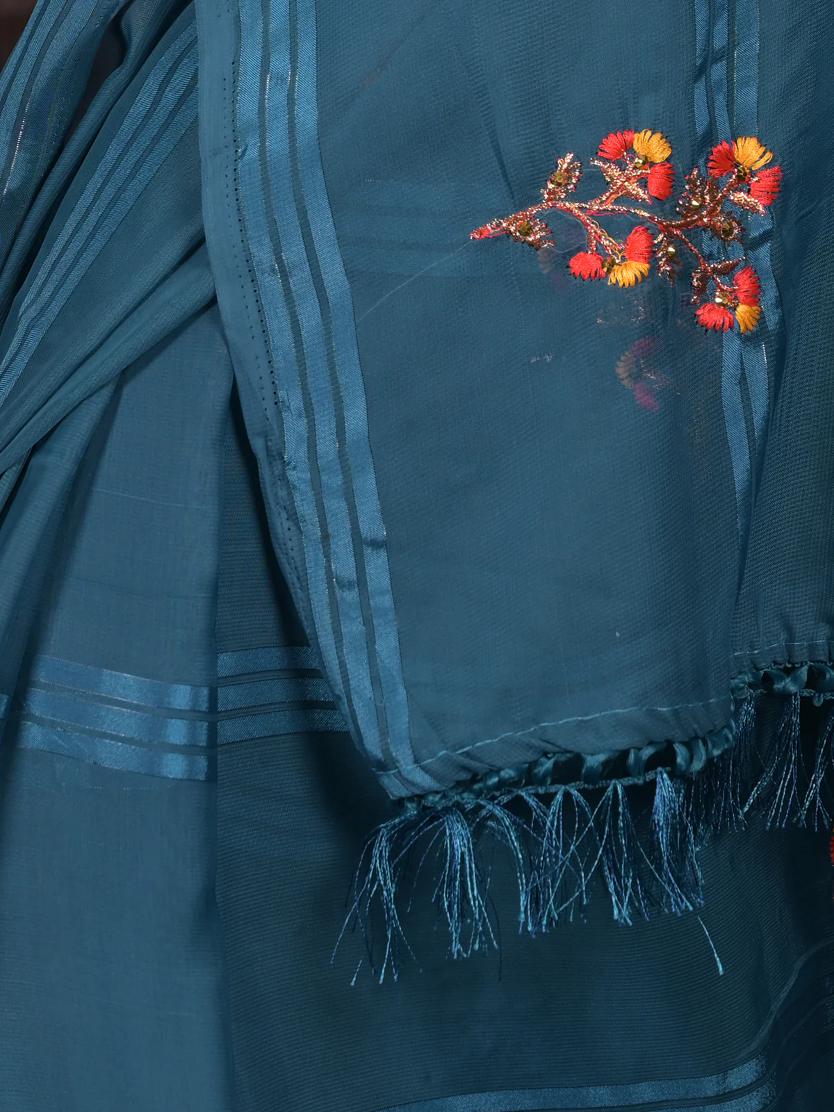 Odette Blue Embroidered Poly Georgette Saree Without Blouse for Women - Image 6