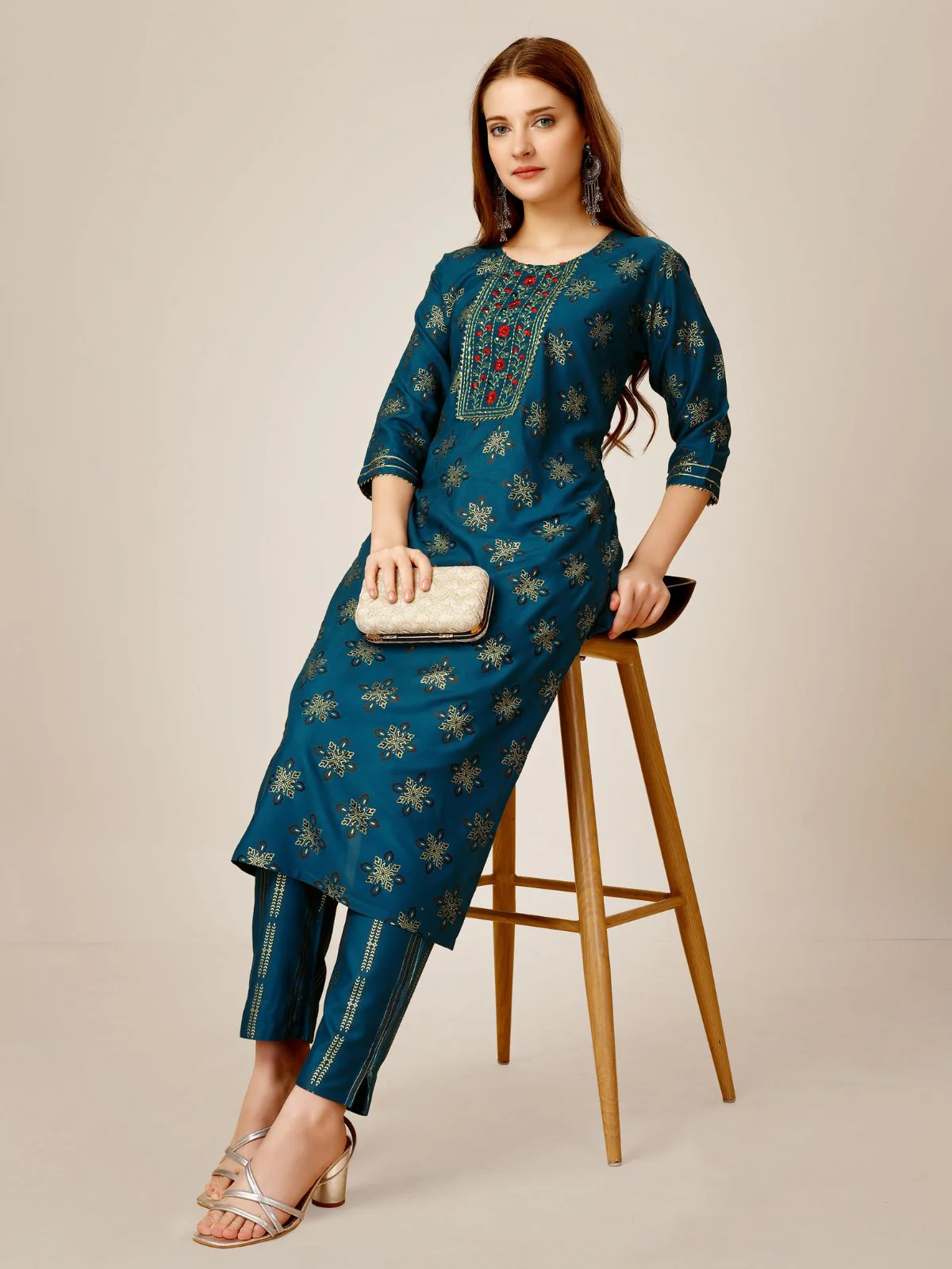 Odette Blue Embroidered Rayon Stitched Kurta Set For Women - Image 2