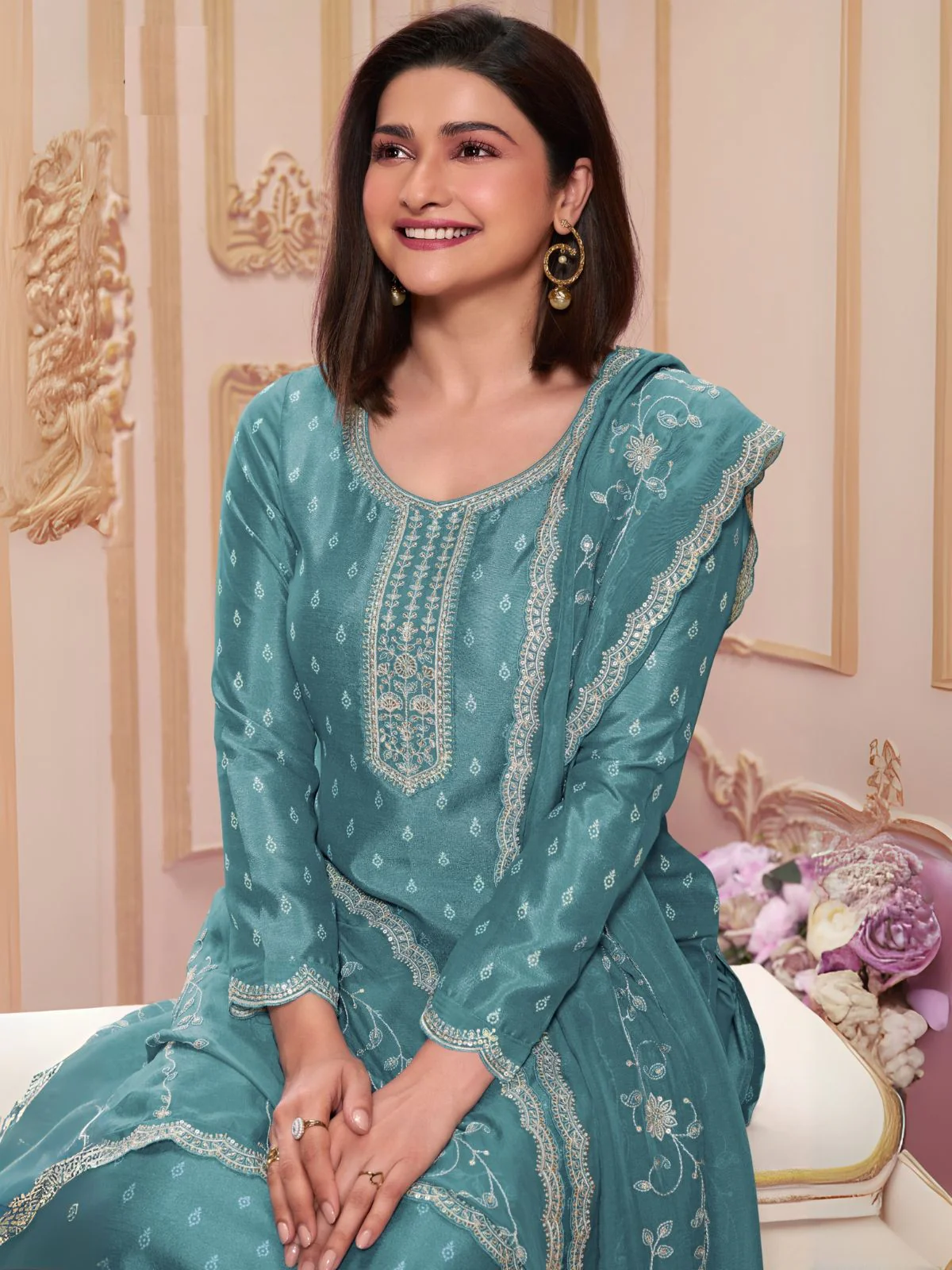 Odette Blue Embroidered Silk Blend Semi-Stitched Kurta Set  For Women - Image 2