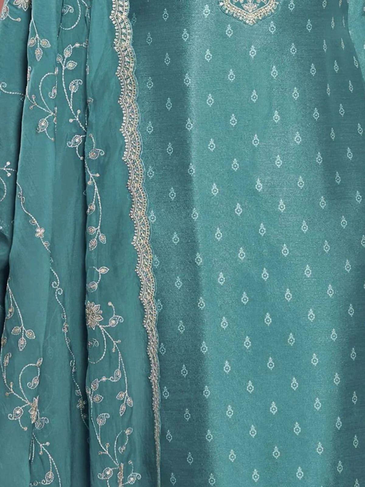 Odette Blue Embroidered Silk Blend Semi-Stitched Kurta Set  For Women - Image 3