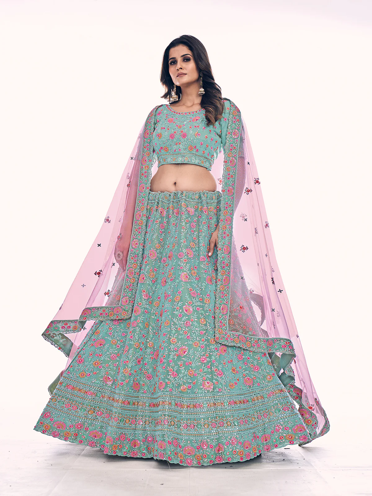 Odette Blue Embroidered Silk Blend Semi Stitched Lehenga With Blouse For Women - Image 2