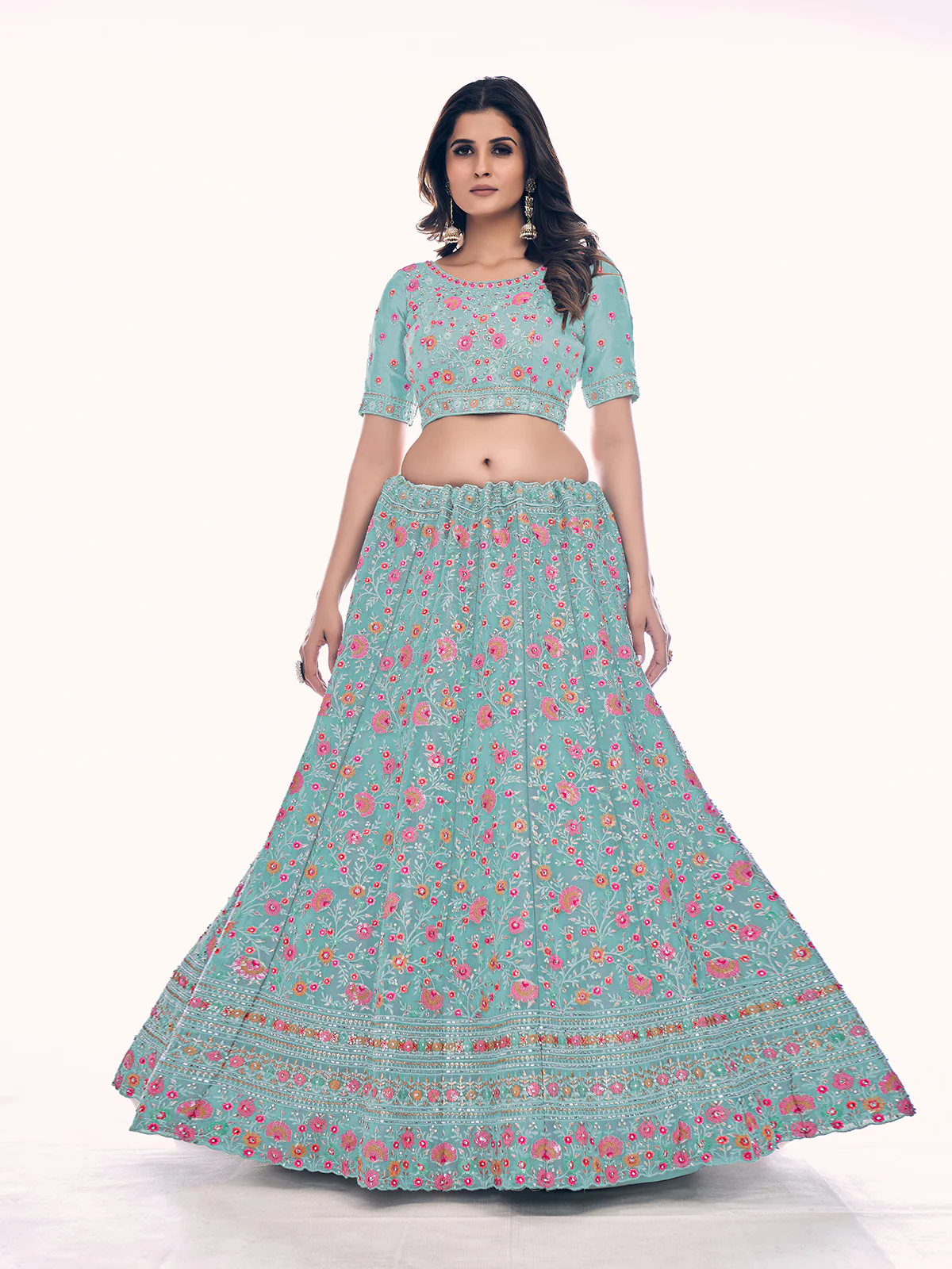 Odette Blue Embroidered Silk Blend Semi Stitched Lehenga With Blouse For Women - Image 3