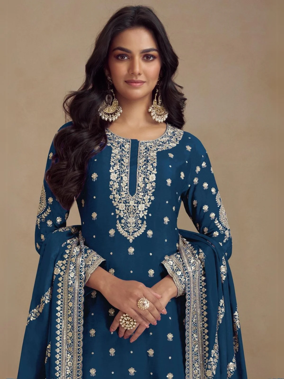 Odette Blue Embroidered Silk Semi Stitched Kurta Set For Women - Image 2
