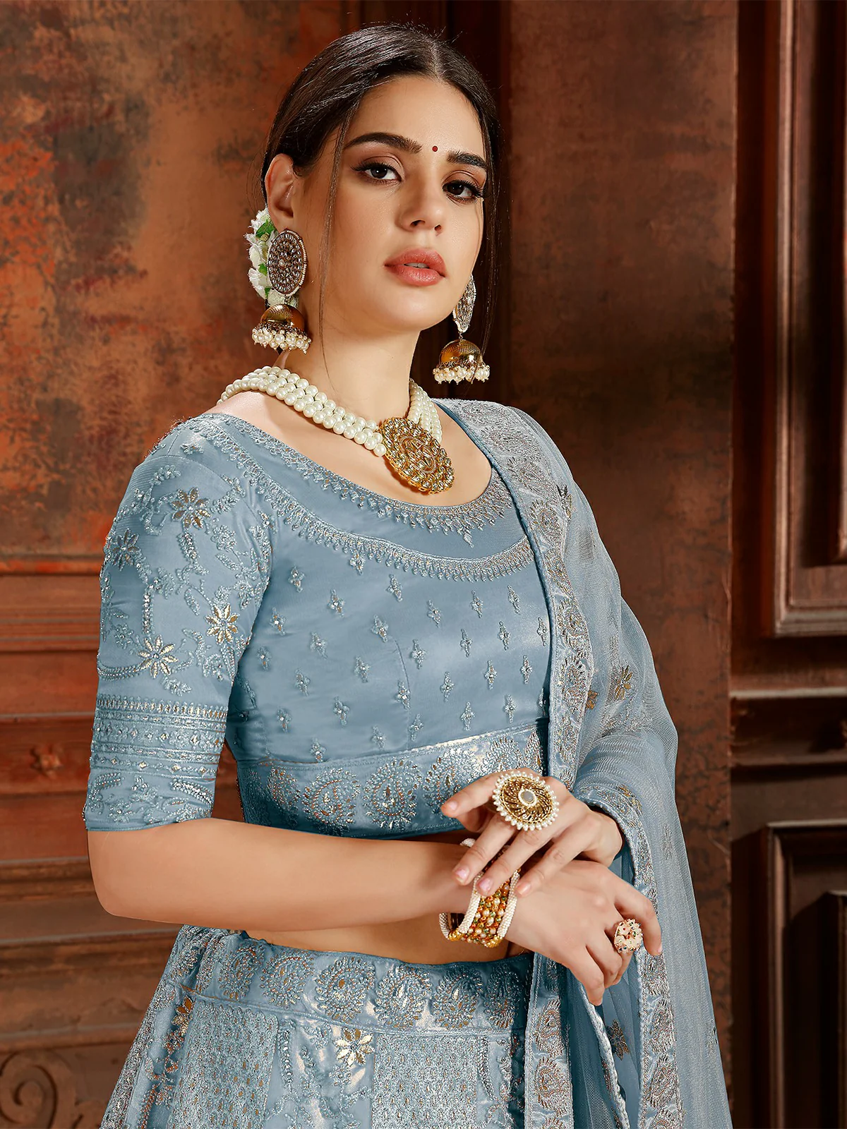 Odette Blue Embroidered Soft Net Semi Stitched Lehenga With Blouse For Women - Image 2