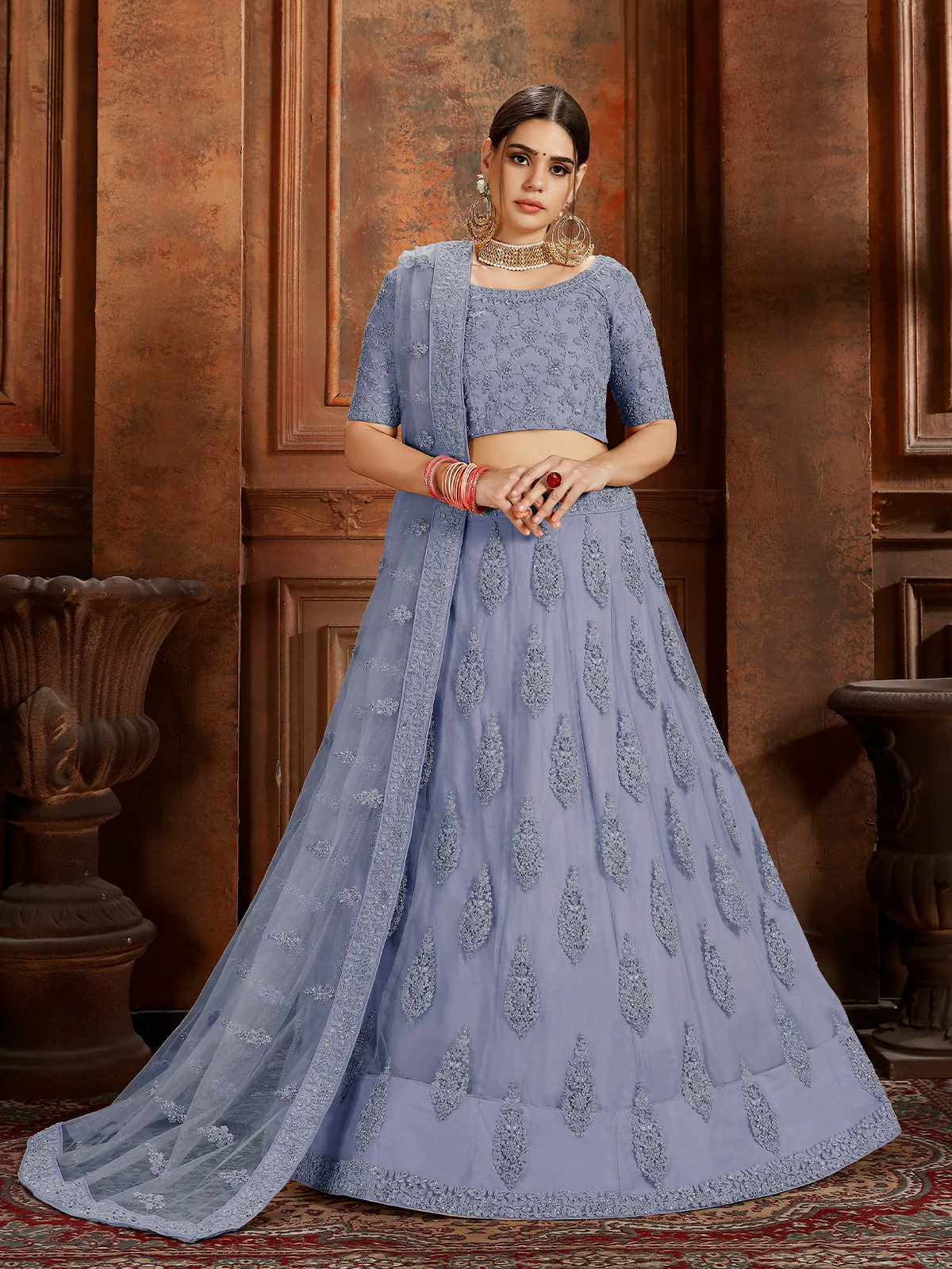Odette Blue Embroidered Soft Net Semi Stitched Lehenga With Blouse For Women - Image 2