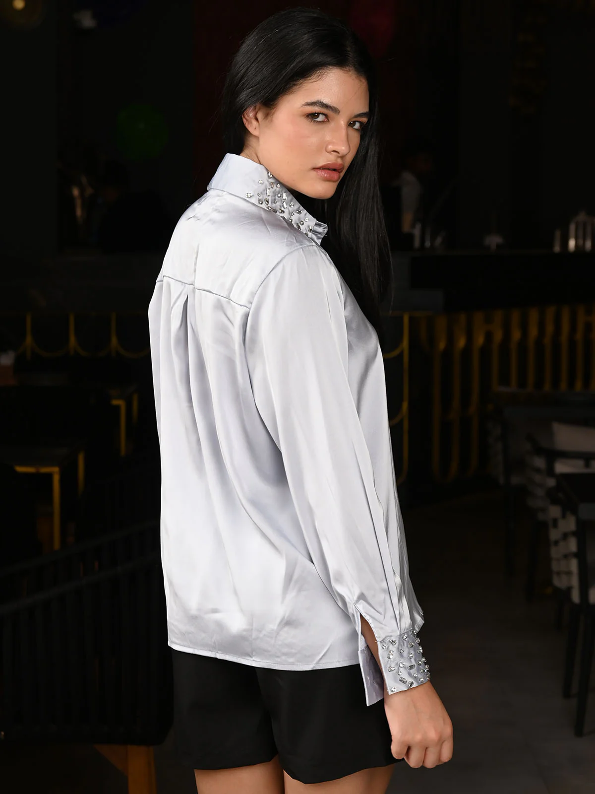 Odette Blue Satin Embellished Shirt For Women - Image 4
