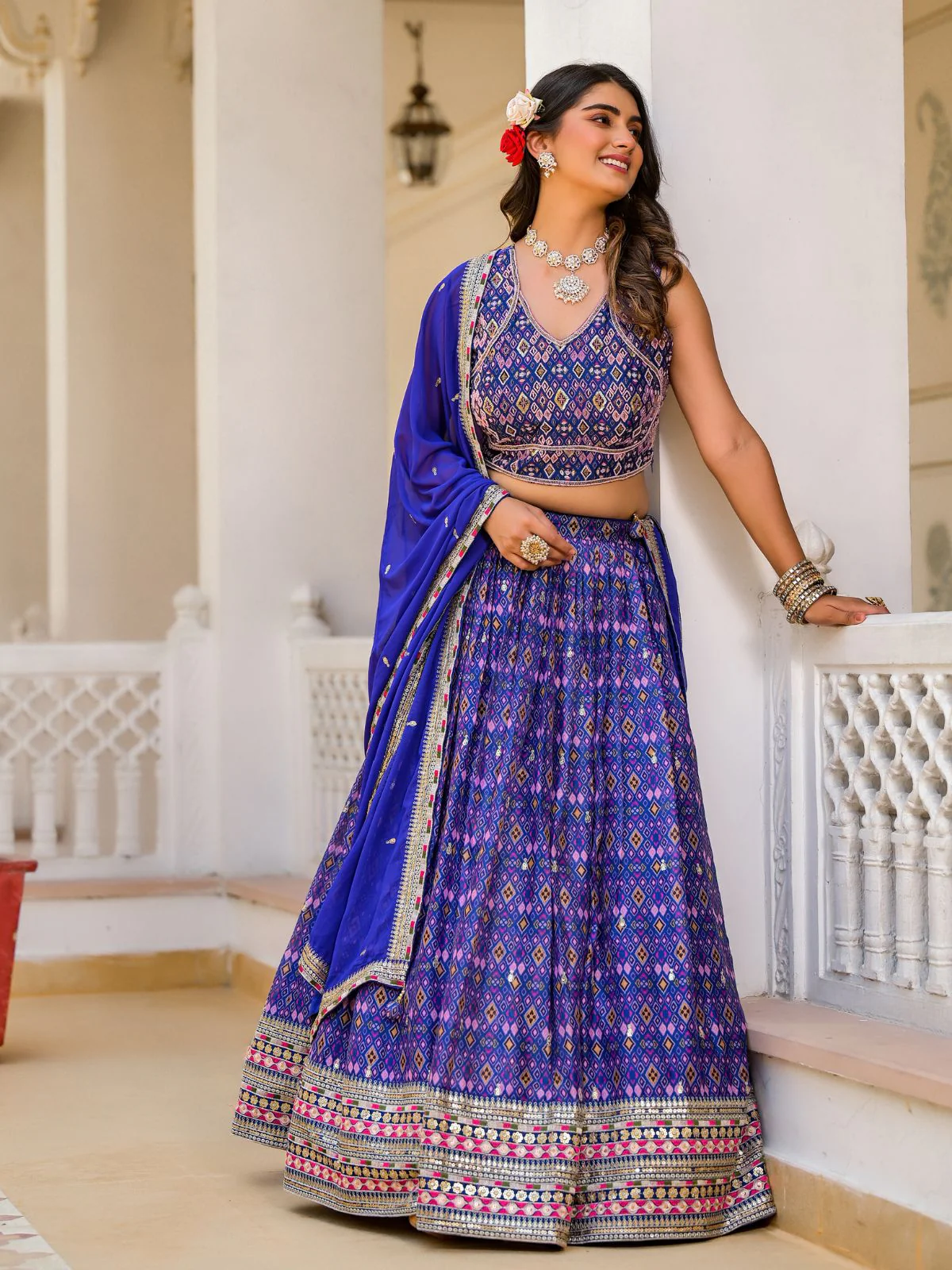 Odette Blue Georgette  Digital Printed With Sequins Work Stitched lehenga For Women - Image 2