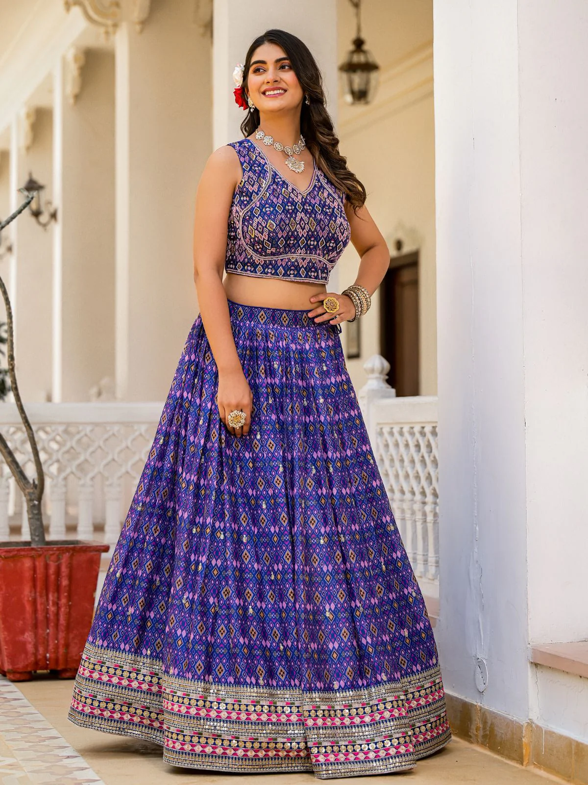 Odette Blue Georgette  Digital Printed With Sequins Work Stitched lehenga For Women - Image 3