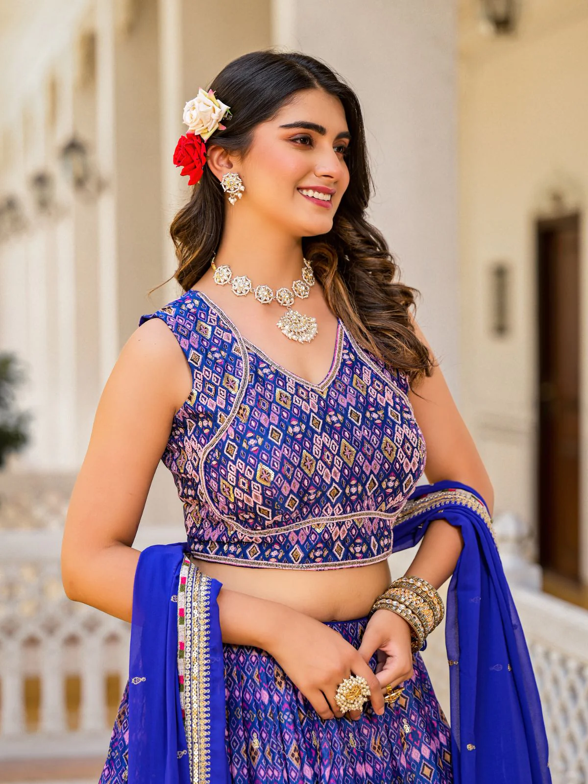 Odette Blue Georgette  Digital Printed With Sequins Work Stitched lehenga For Women - Image 4