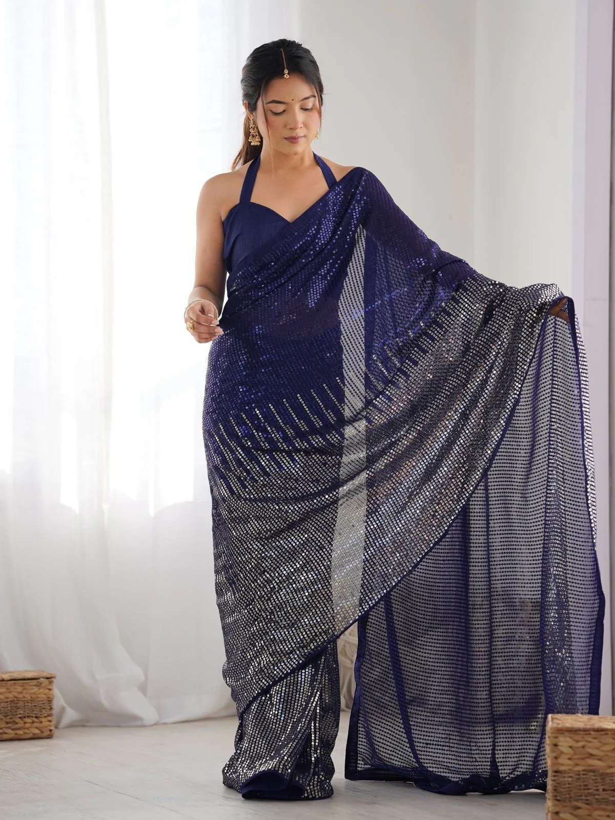 Odette Blue Georgette Embellished Saree With Unstitched Blouse For Women - Image 2