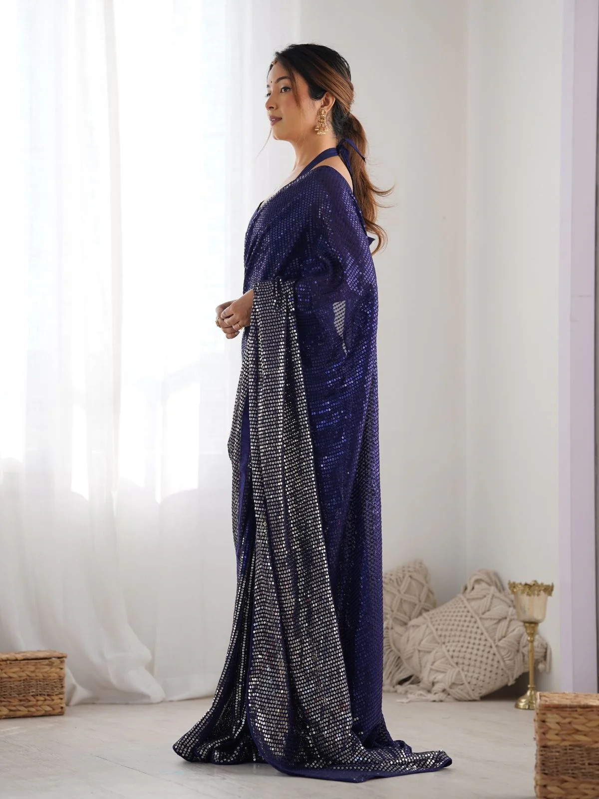 Odette Blue Georgette Embellished Saree With Unstitched Blouse For Women - Image 3