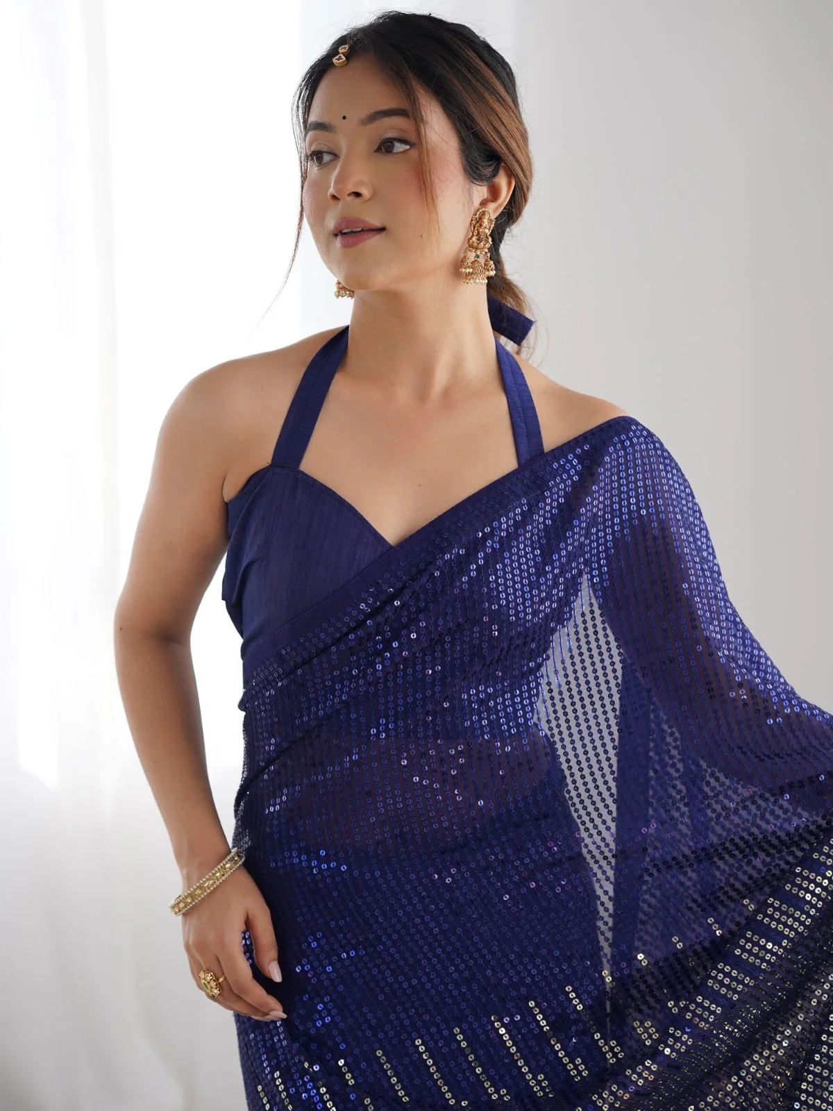 Odette Blue Georgette Embellished Saree With Unstitched Blouse For Women - Image 5