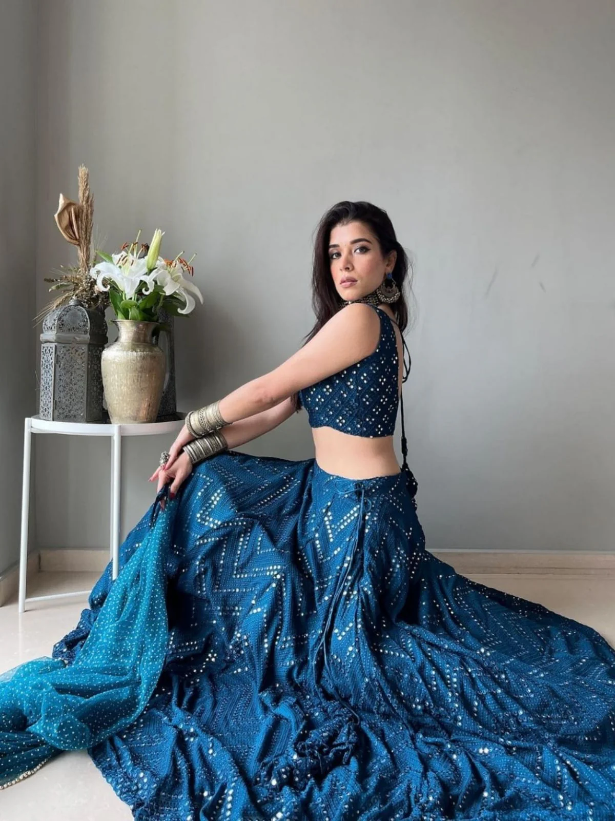 Odette Teal Blue Georgette Embellished Semi-Stitched Lehenga For Women - Image 2