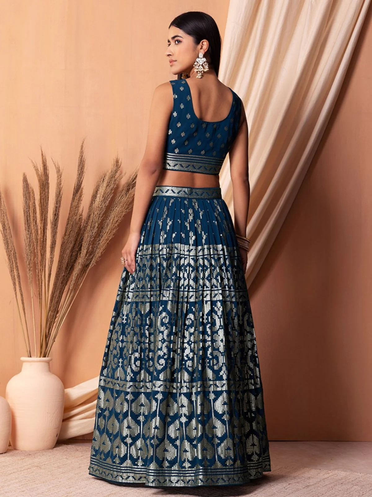 Odette Blue Georgette Embellished Semi-Stitched Lehenga For Women - Image 3