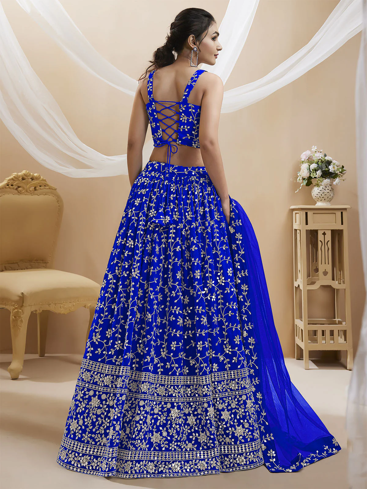 Odette Blue Georgette Embellished Semi Stitched Lehenga With Unstitched Blouse For Women - Image 3