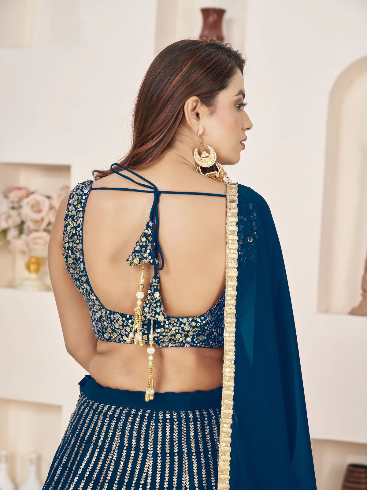 Odette Blue Georgette Embellished Semi Stitched Lehenga With Unstitched Blouse For Women - Image 6