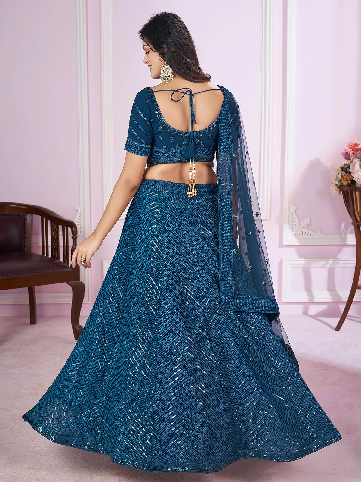 Odette Blue Georgette Embellished Semi Stitched Lehenga With Unstitched Blouse For Women - Image 3