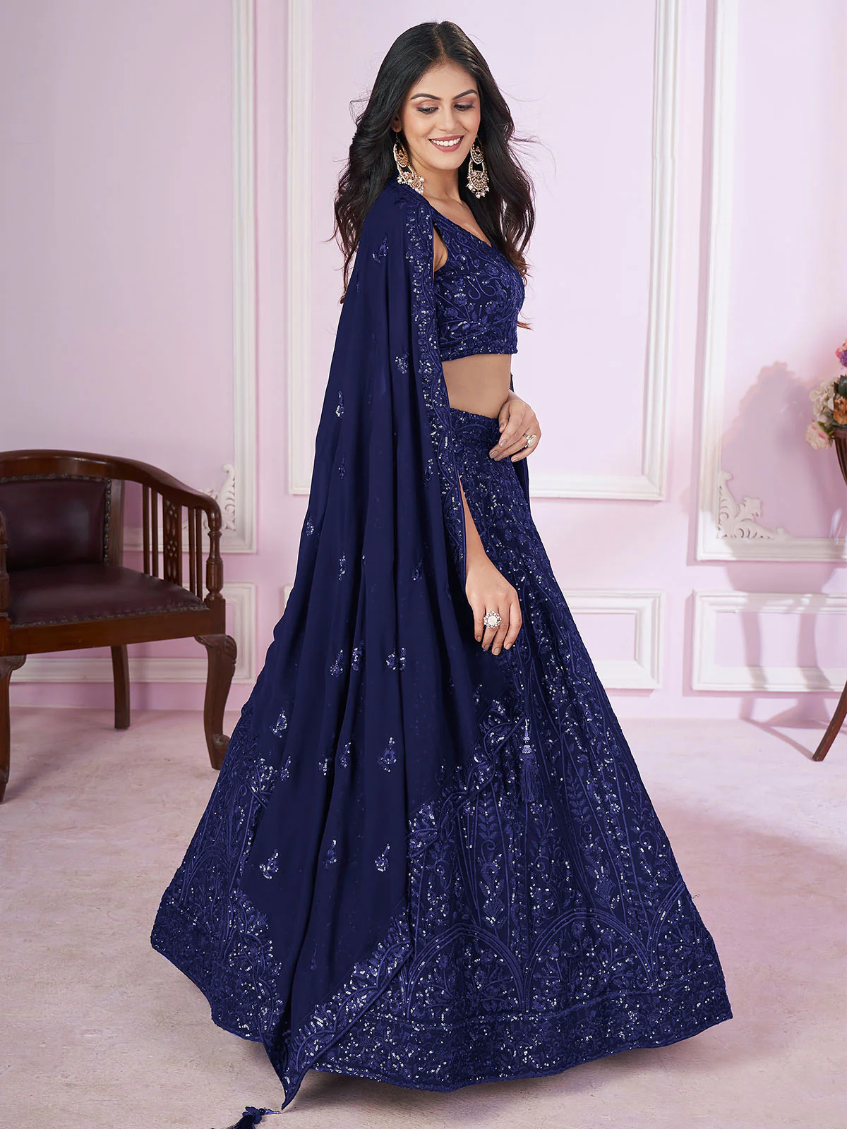 Odette Blue Georgette Embellished Semi Stitched Lehenga With Unstitched Blouse For Women - Image 2
