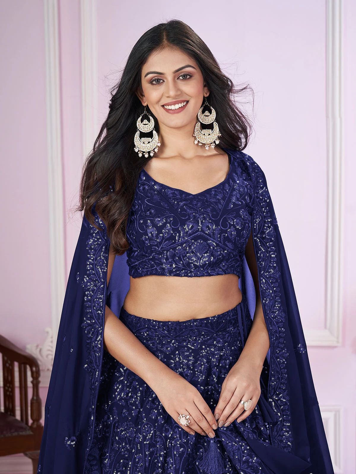 Odette Blue Georgette Embellished Semi Stitched Lehenga With Unstitched Blouse For Women - Image 4
