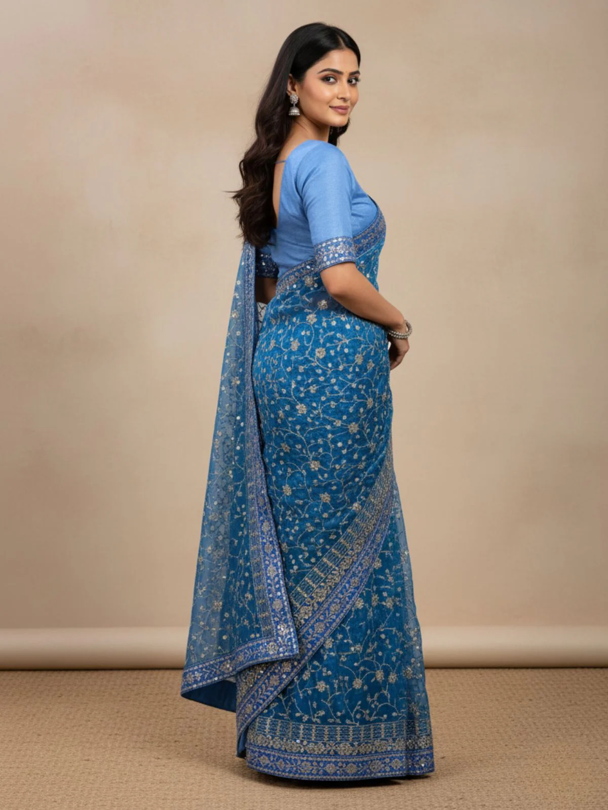 Odette Blue Georgette Embellished Solid Saree For Women - Image 2