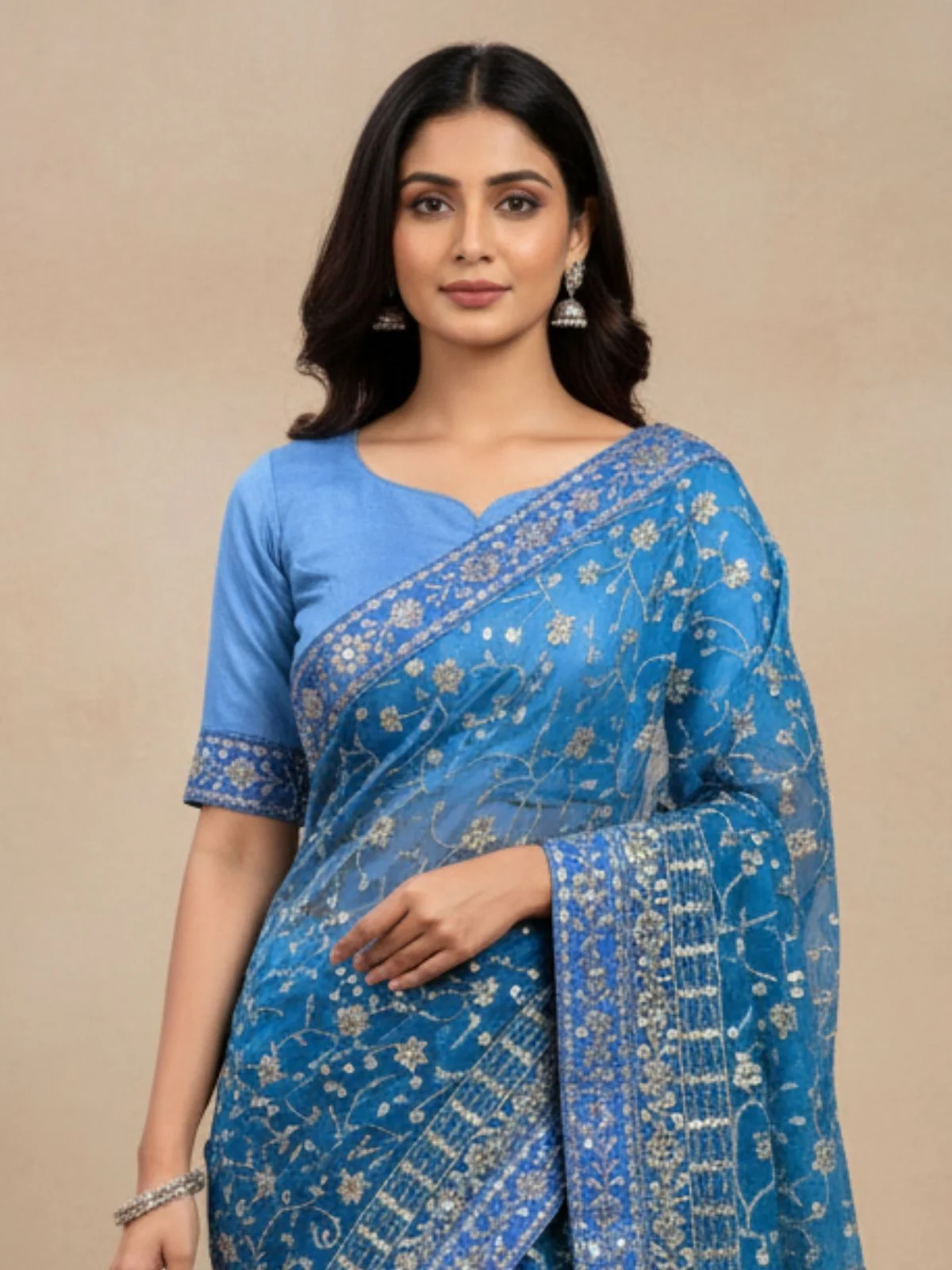 Odette Blue Georgette Embellished Solid Saree For Women - Image 3