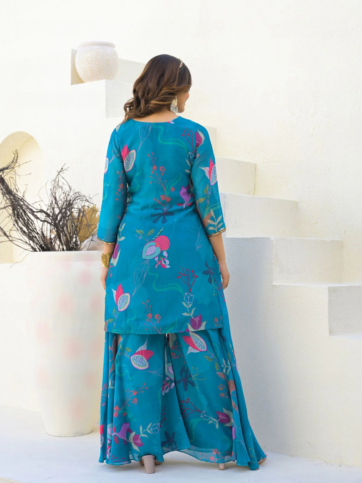 Odette Blue Georgette Embellished Stiched Kurta Set For Women - Image 4