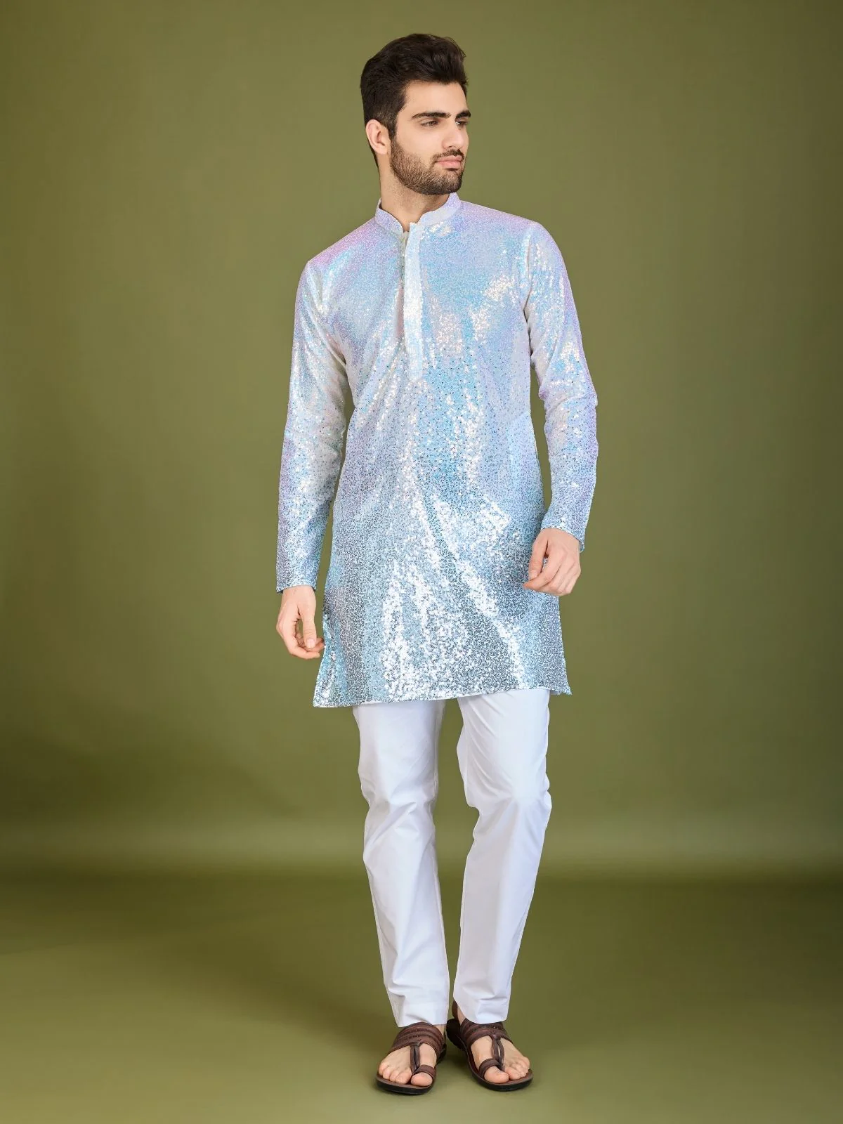 Odette Blue Georgette Embellished Stitched Kurta For Men - Image 2