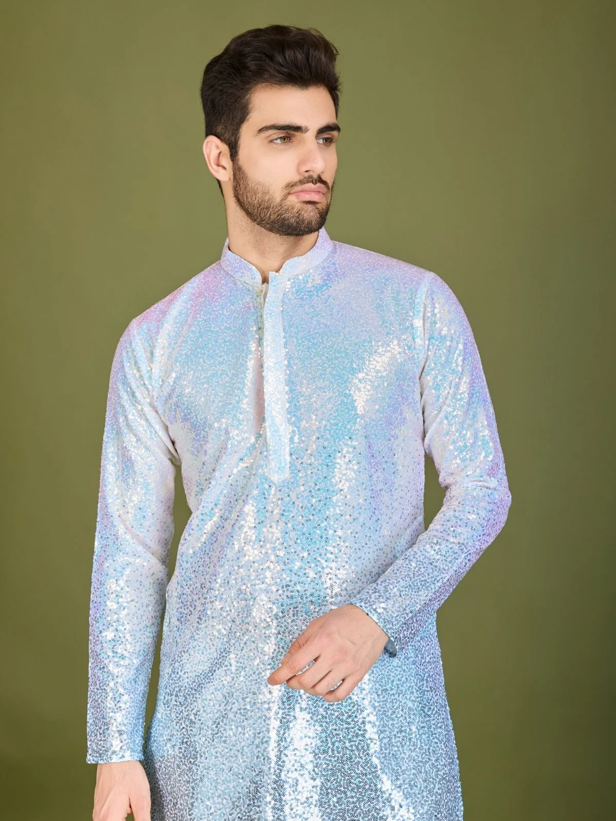 Odette Blue Georgette Embellished Stitched Kurta For Men - Image 5