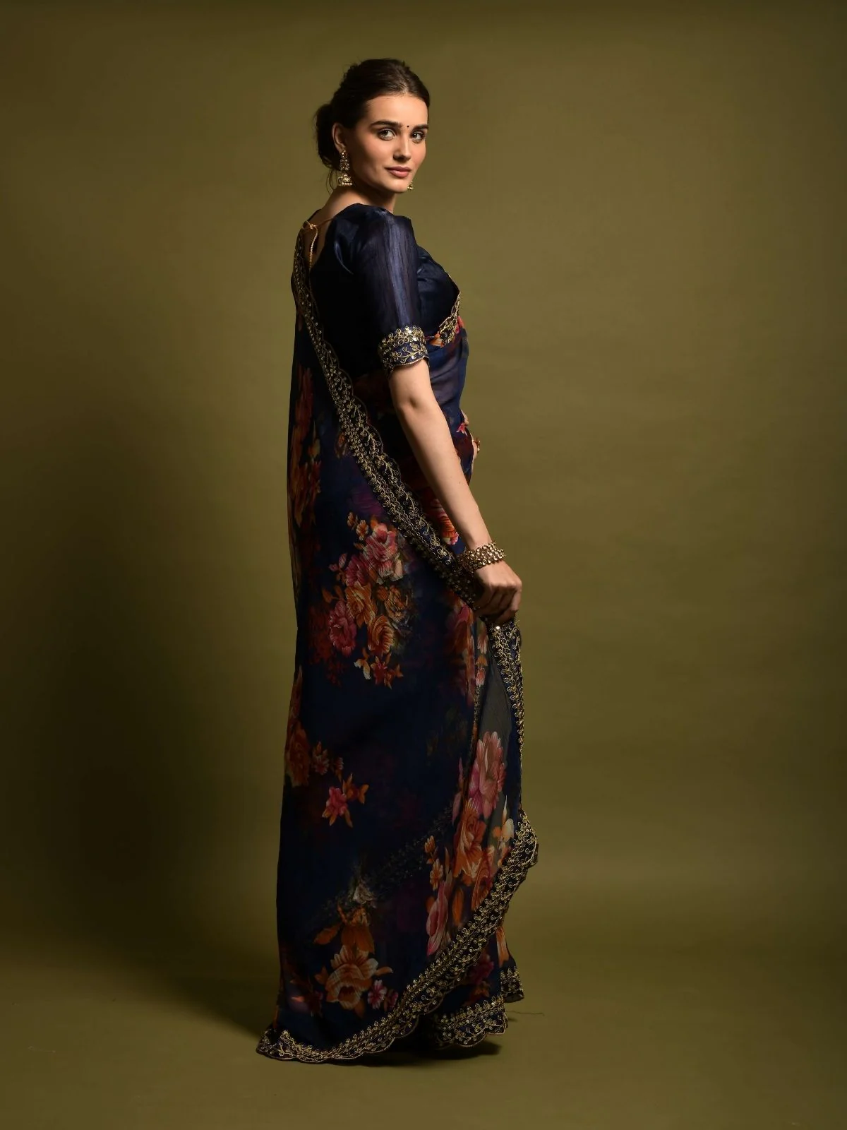Odette Blue Georgette Embroidered Printed Saree For Women - Image 2