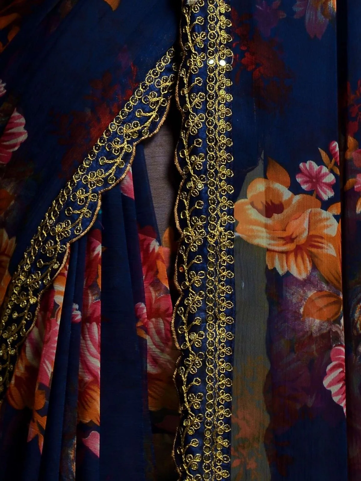 Odette Blue Georgette Embroidered Printed Saree For Women - Image 5