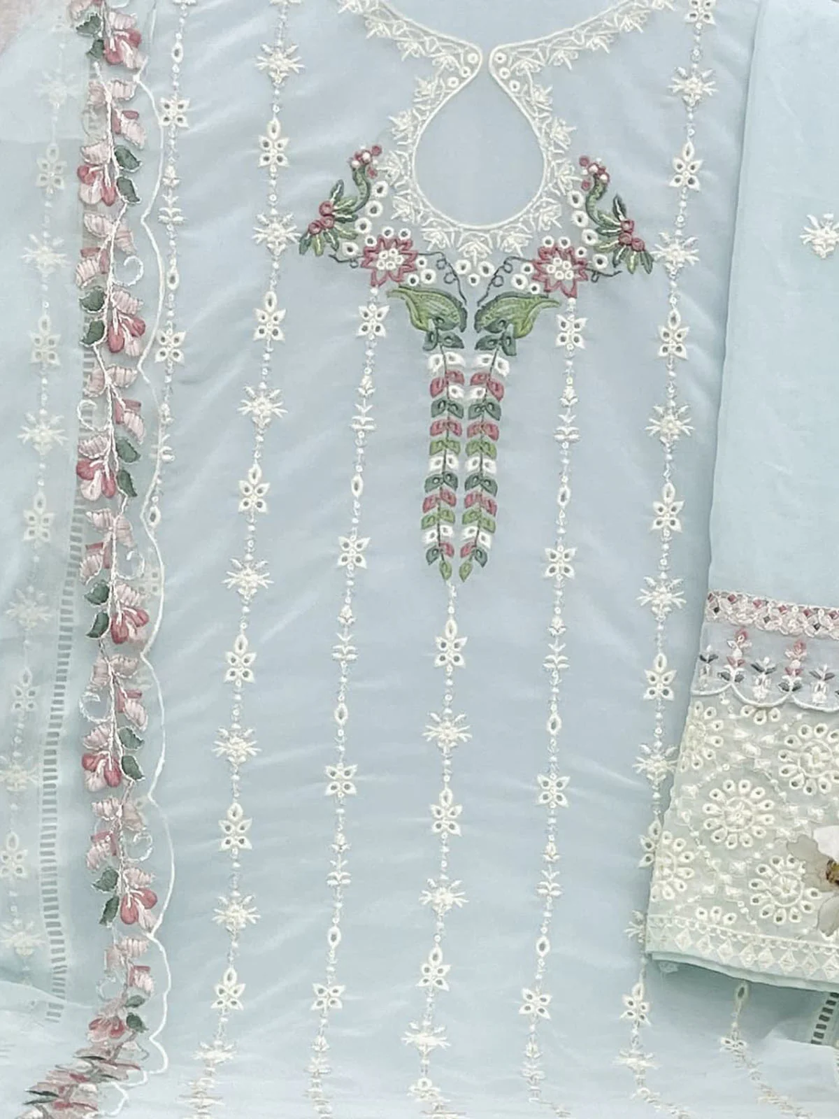 Odette Blue Georgette Embroidered Semi Stitched Kurta Set For Women - Image 3