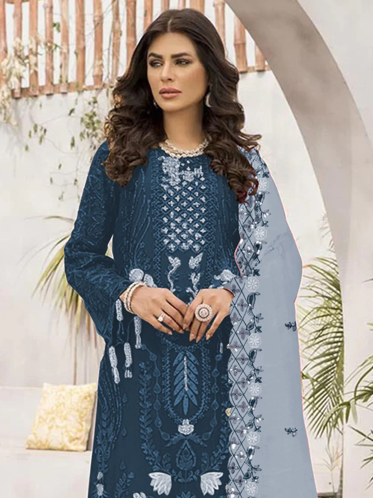 Odette Blue Georgette Embroidered Semi-Stitched Kurta Set For Women - Image 2