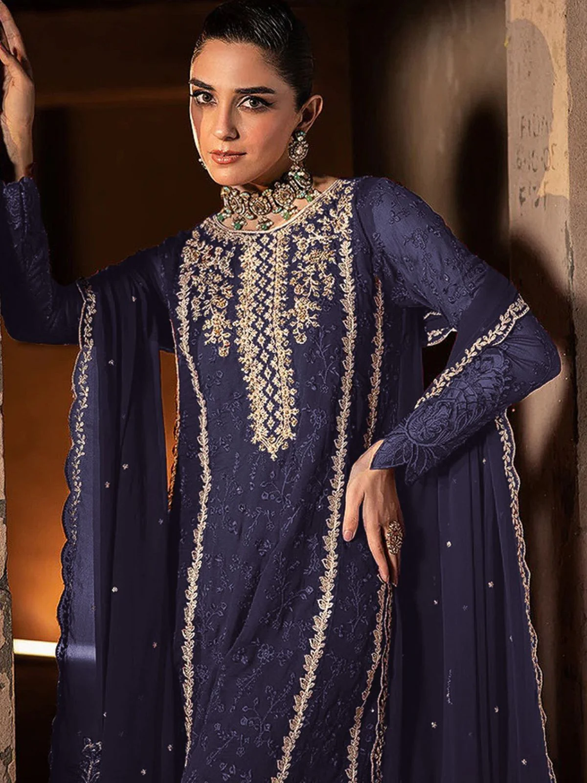 Odette Blue Georgette Embroidered Semi-Stitched Kurta Set For Women - Image 2