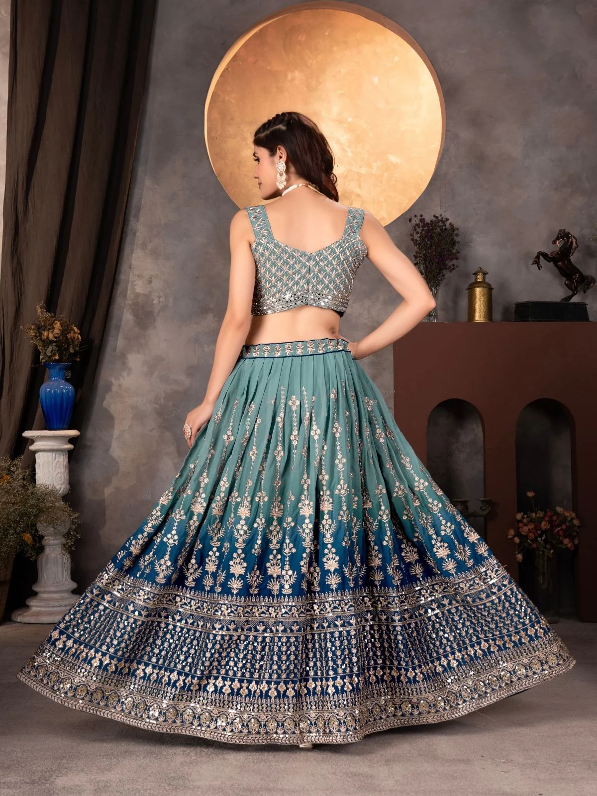 Odette Blue Georgette Embroidered Semi Stitched Lehenga For Women - Image 4